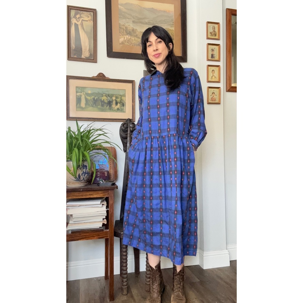 Vintage 80s 90s Eddie Bauer Outdoor Seattle Grunge Plaid Geometric Flannel Dress - Picture 9 of 9